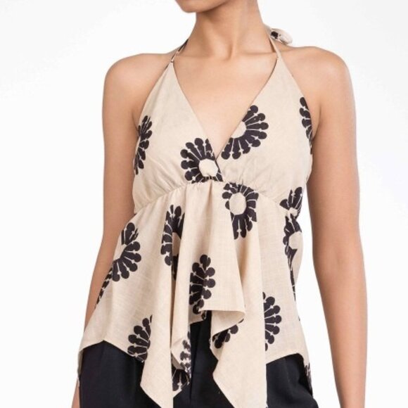 Women's Off White Floral Halter Neck Top, Sleeveless Woven Cotton, Gift for Her - Picture 1 of 8